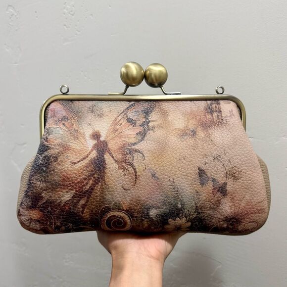 Unique Fairy Print Pebble Cowhide Handmade Large Ball Kisslock Handbag/Multi Use - Picture 7 of 16